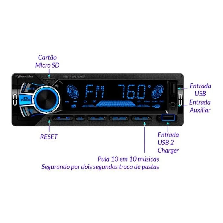 Rádio MP3 Player Bluetooth Roadstar RS-2751BR Plus – Conectividade e Estilo no Seu Carro